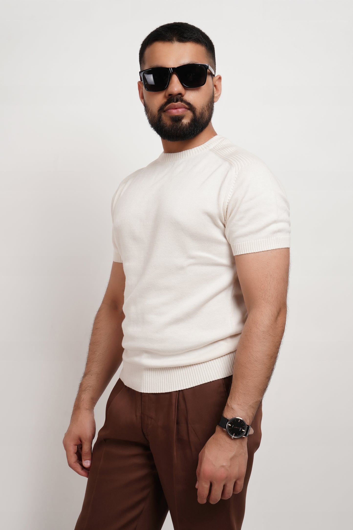 Ivory Bamboo Cotton Crewneck Knitted T-shirt