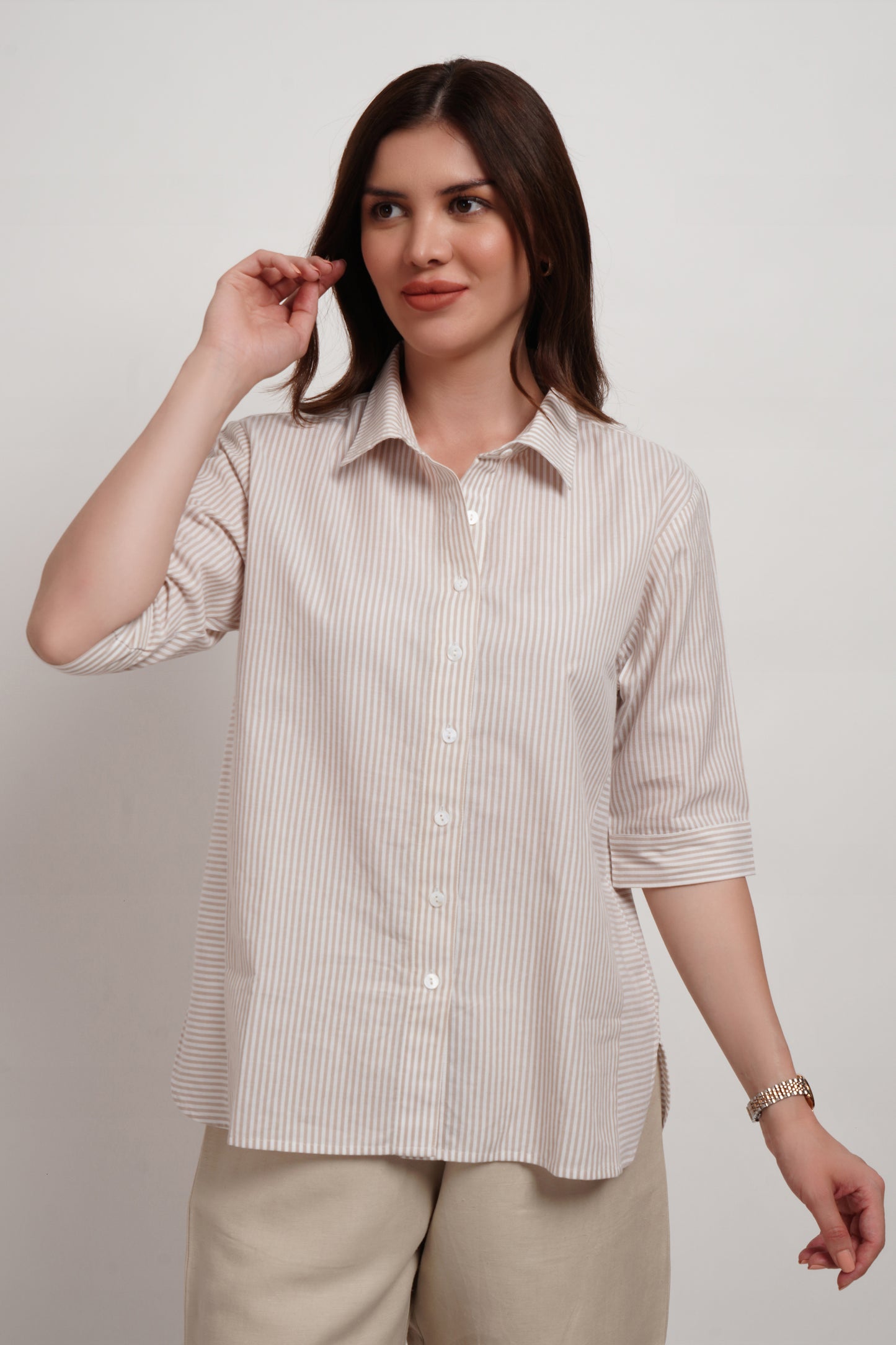 Beige Striped Cotton Panelled Shirt