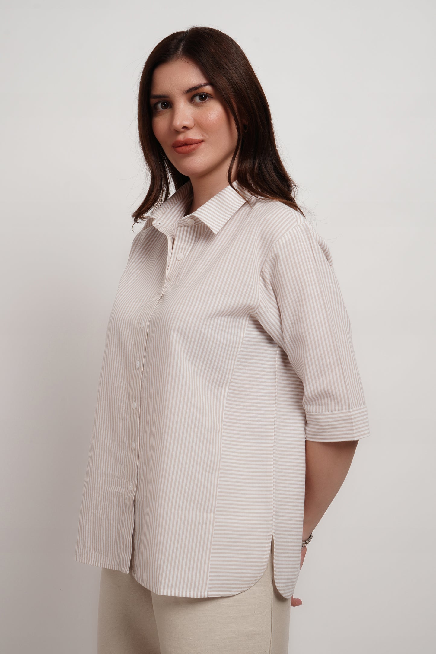 Beige Striped Cotton Panelled Shirt