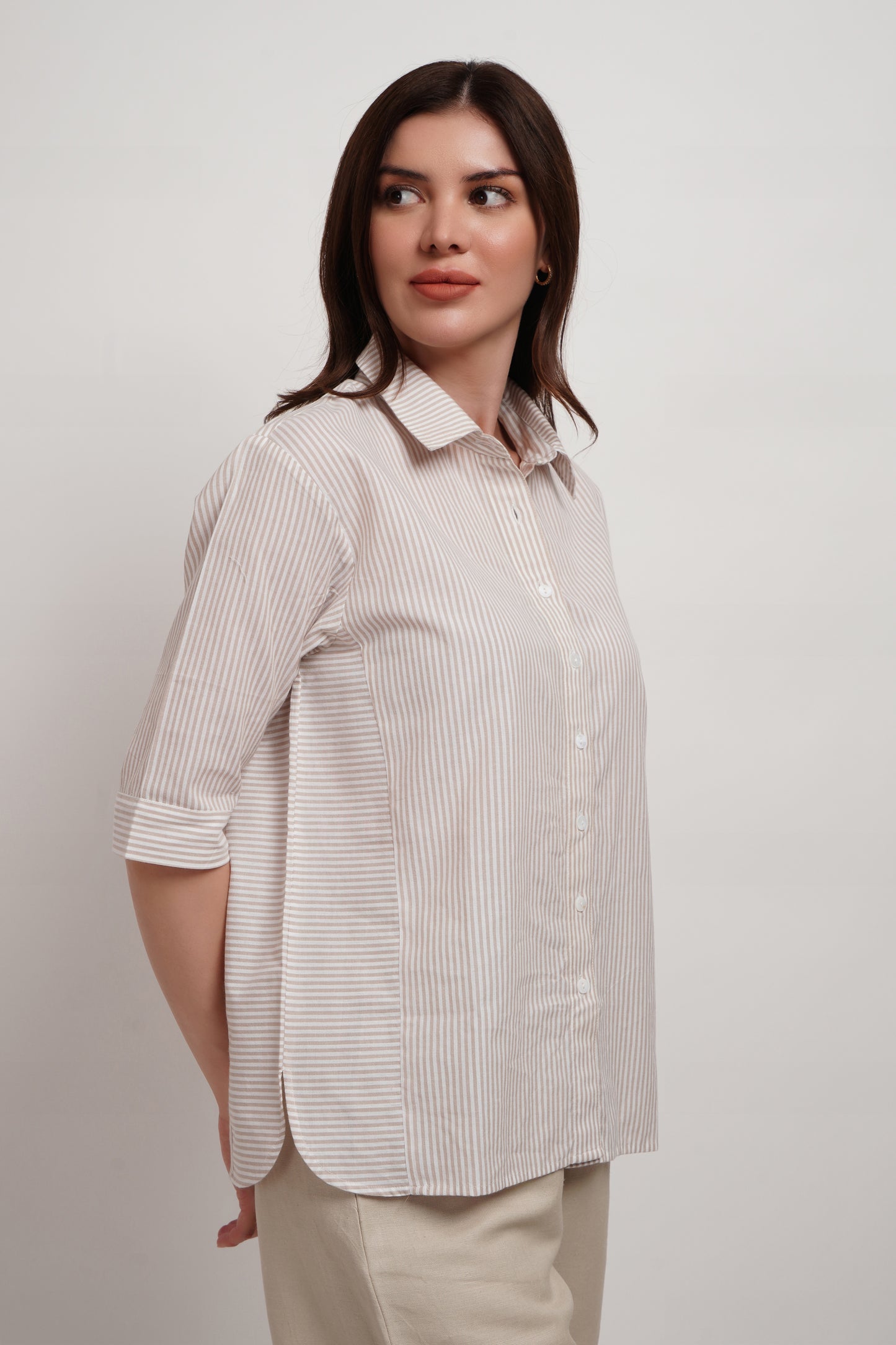 Beige Striped Cotton Panelled Shirt