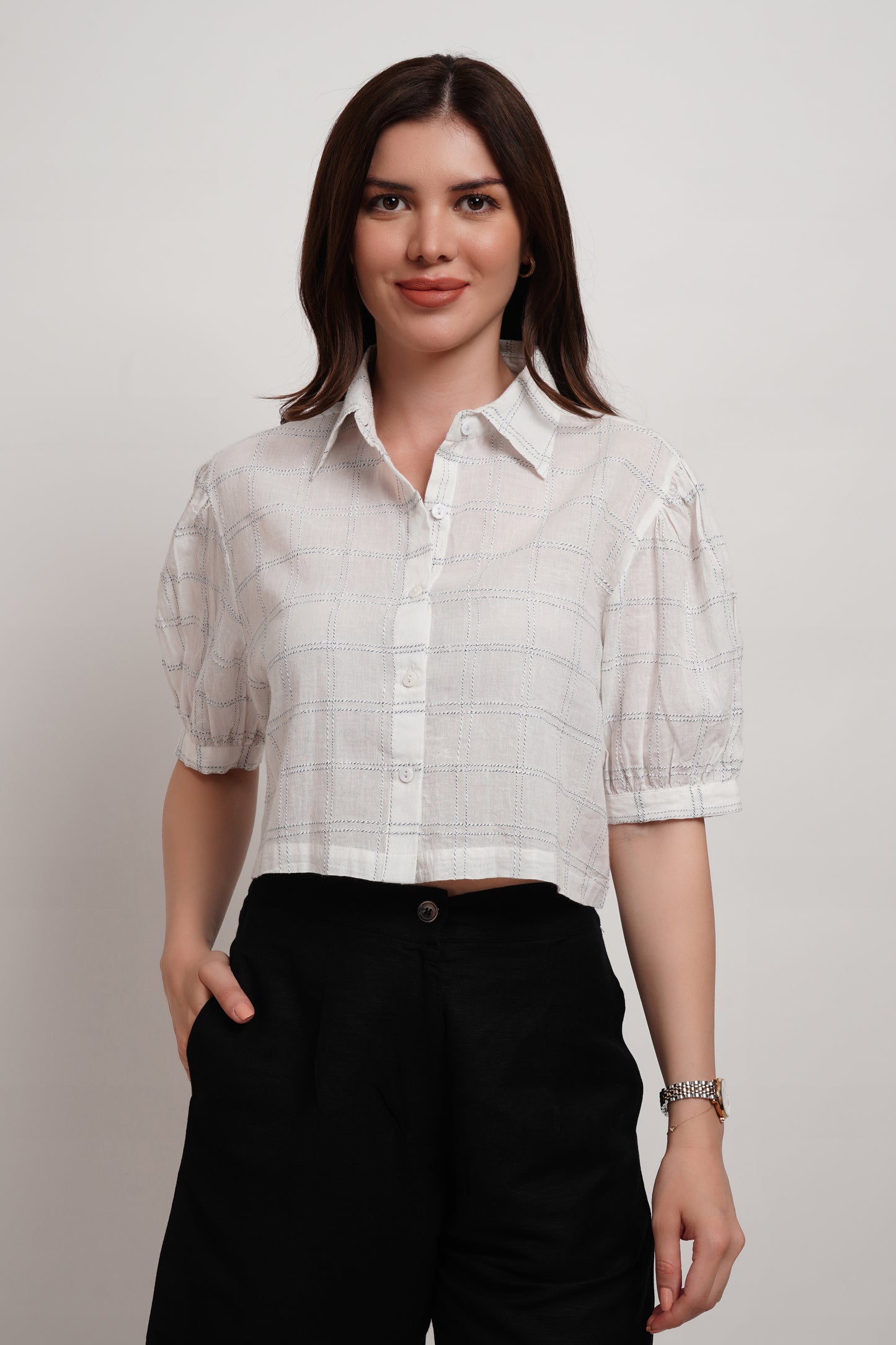 White Dobby Checked Crop Shirt