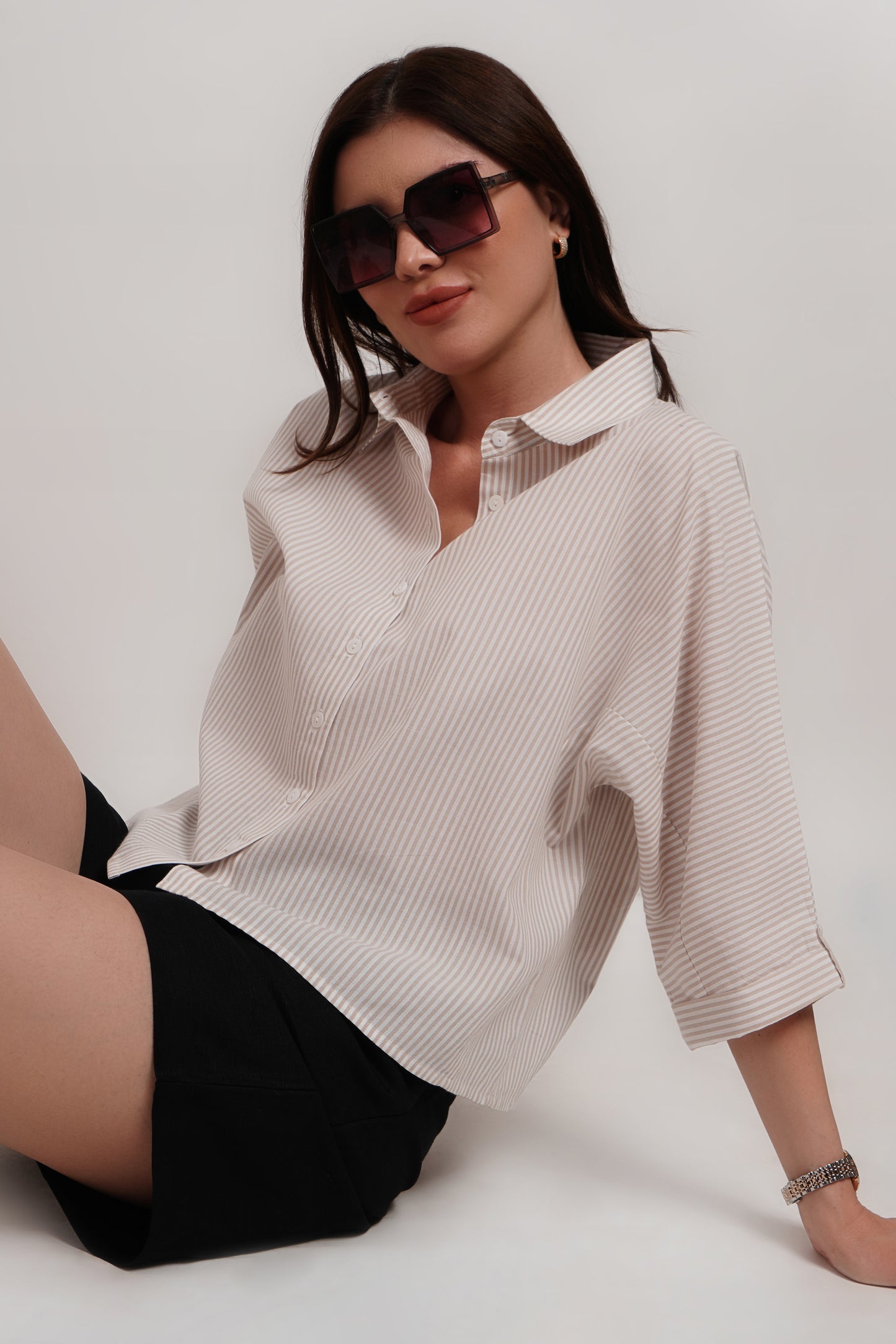 Beige Cotton Kimono Crop Shirt