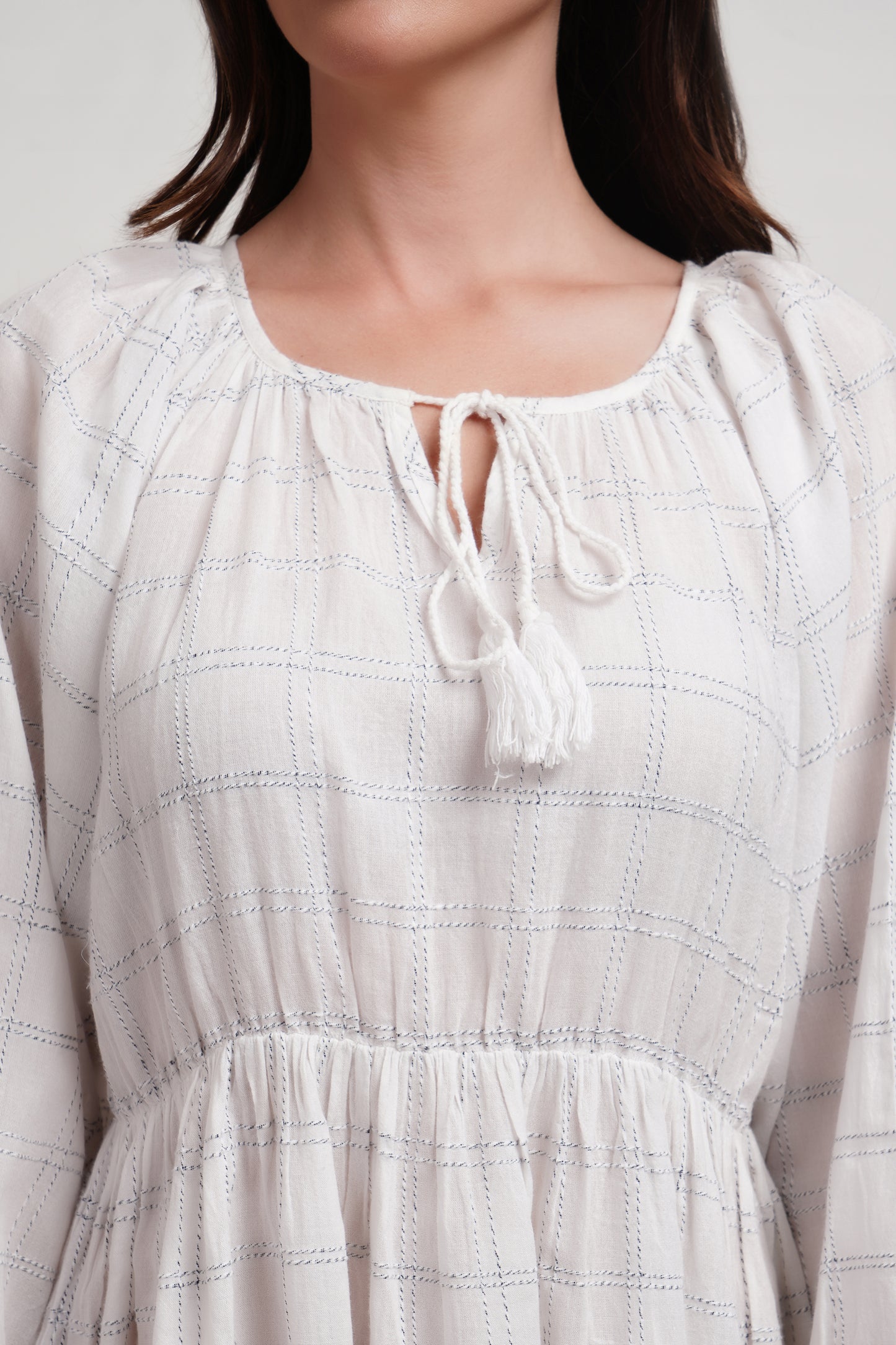 White Dobby Checked Cotton Dress