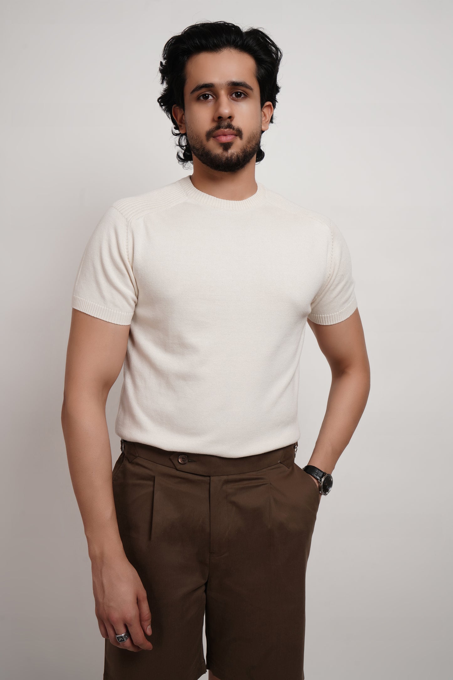 Ivory Bamboo Cotton Crewneck Knitted T-shirt