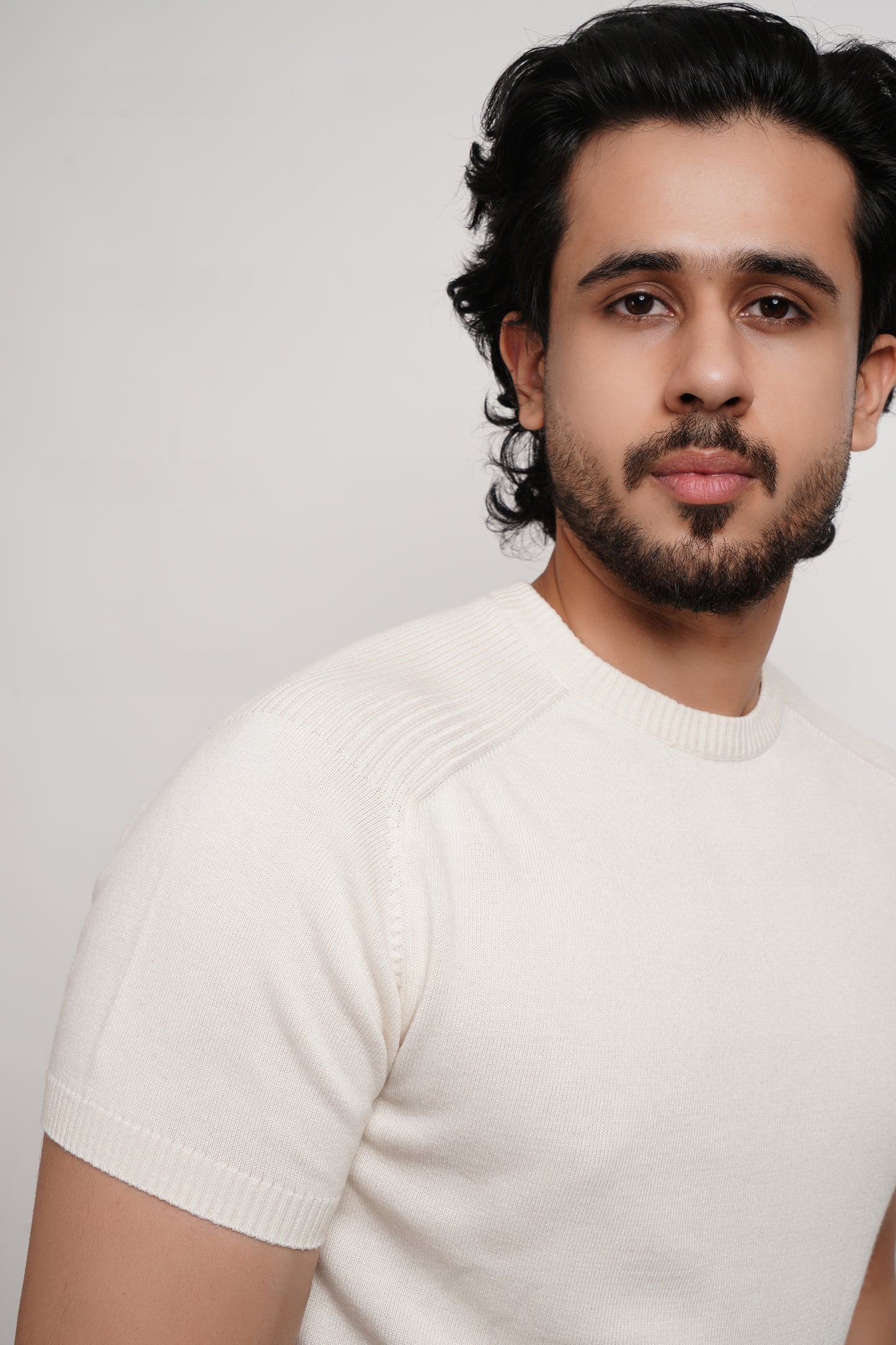 Ivory Bamboo Cotton Crewneck Knitted T-shirt