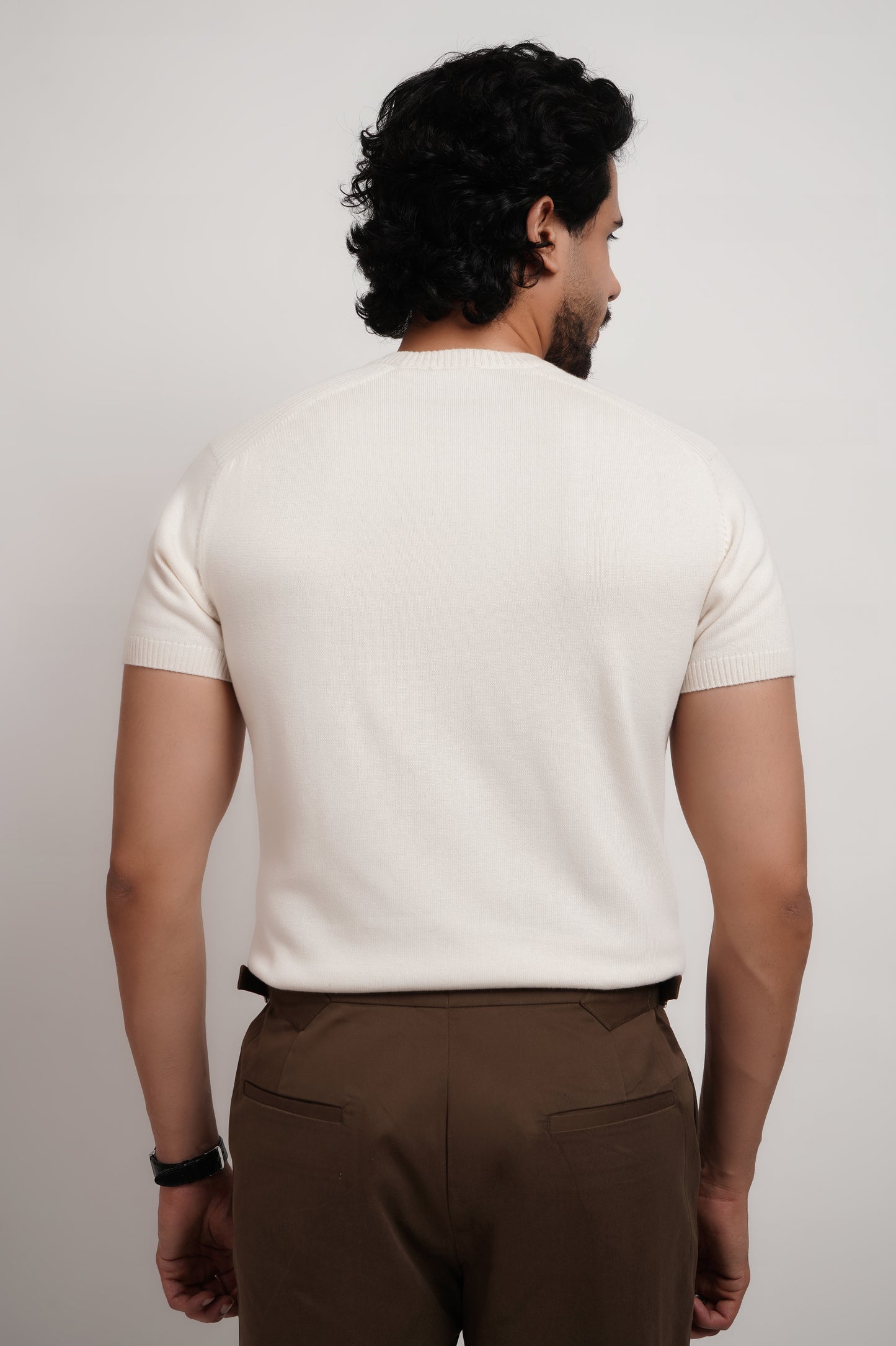 Ivory Bamboo Cotton Crewneck Knitted T-shirt