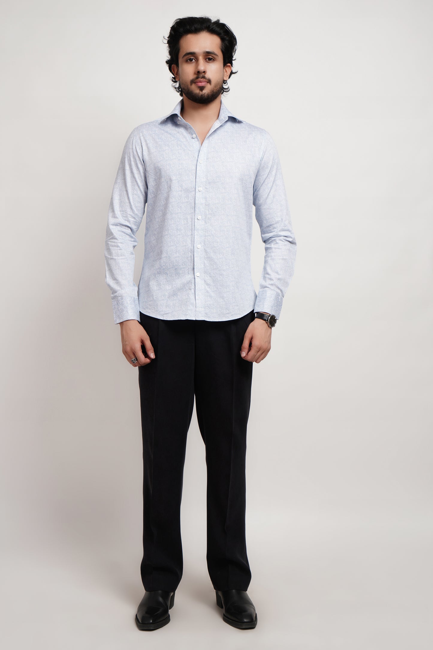 Printed Blue Cotton Saten Shirt