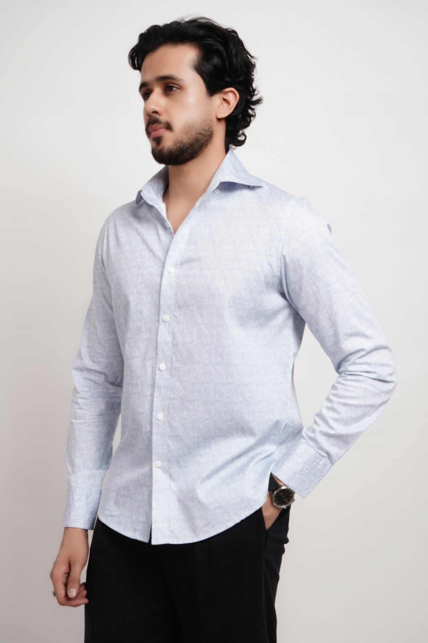 Printed Blue Cotton Saten Shirt