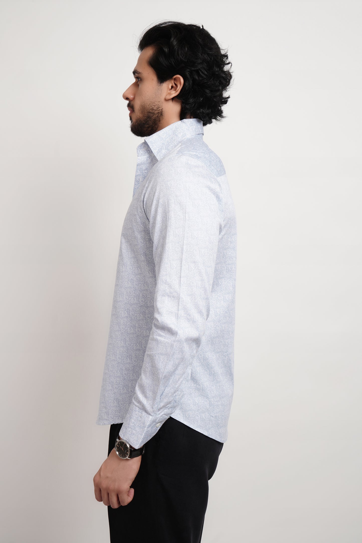 Printed Blue Cotton Saten Shirt