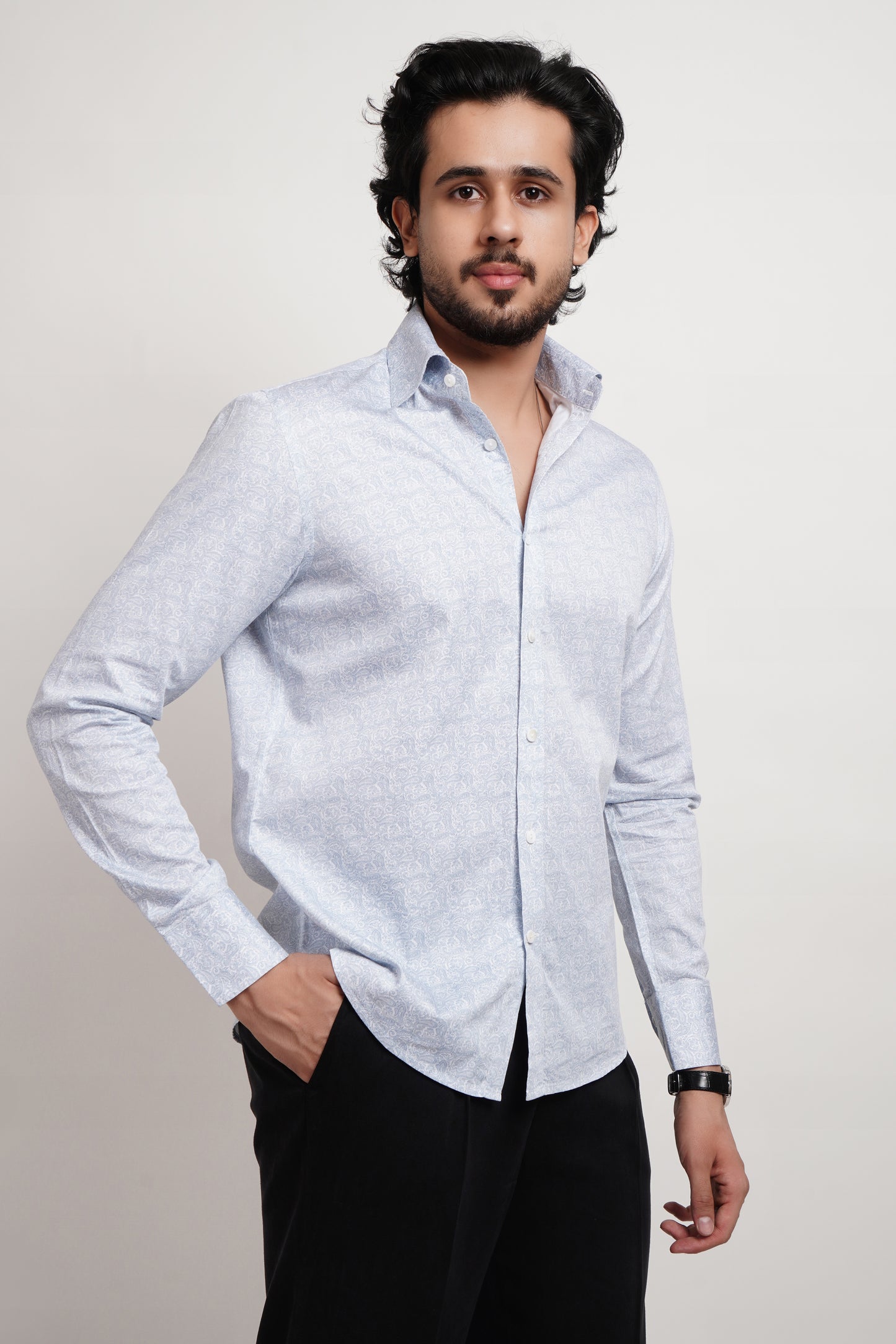Printed Blue Cotton Saten Shirt