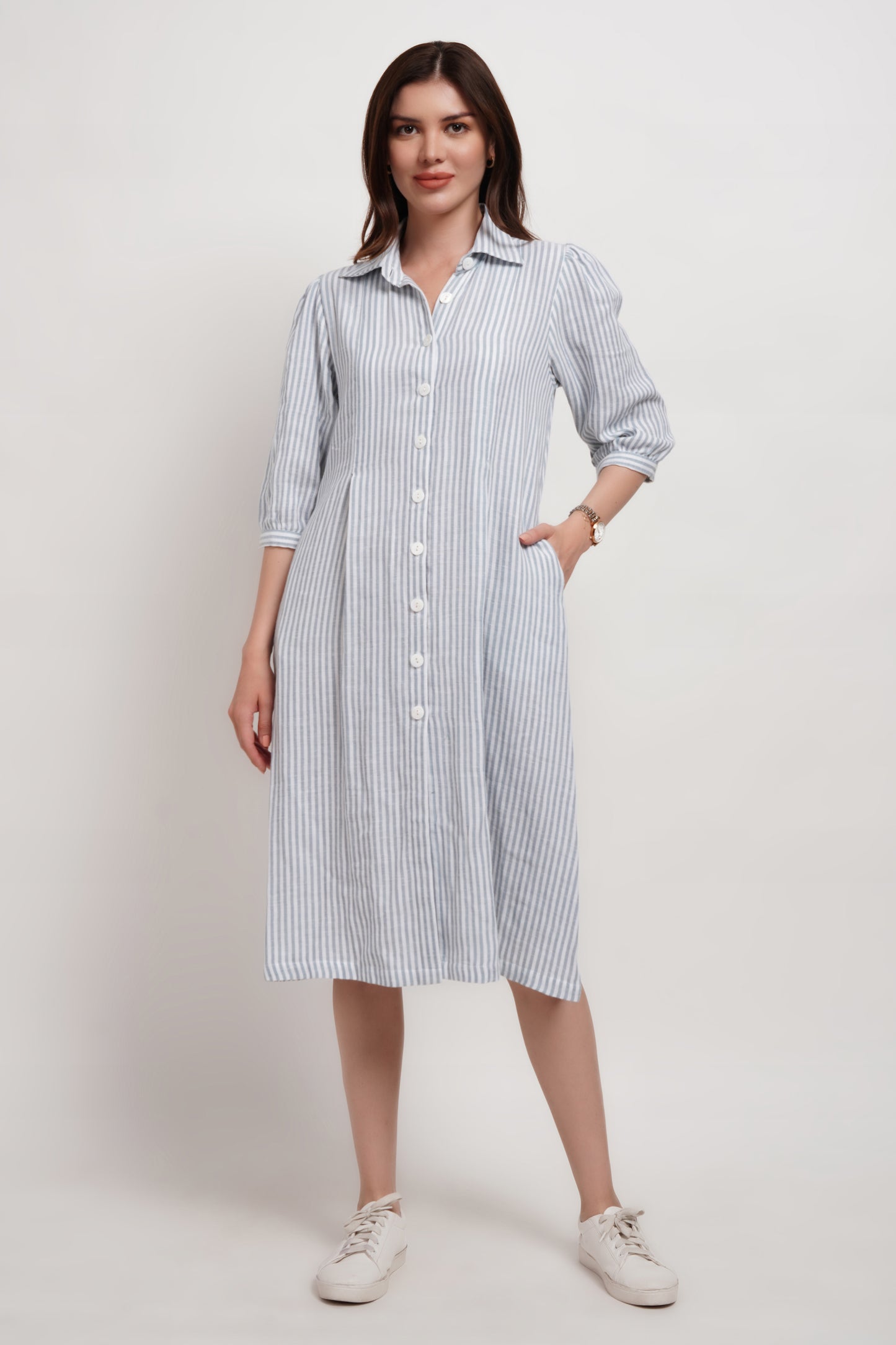 Blue Stripe Linen Blend Double Gauze Dress