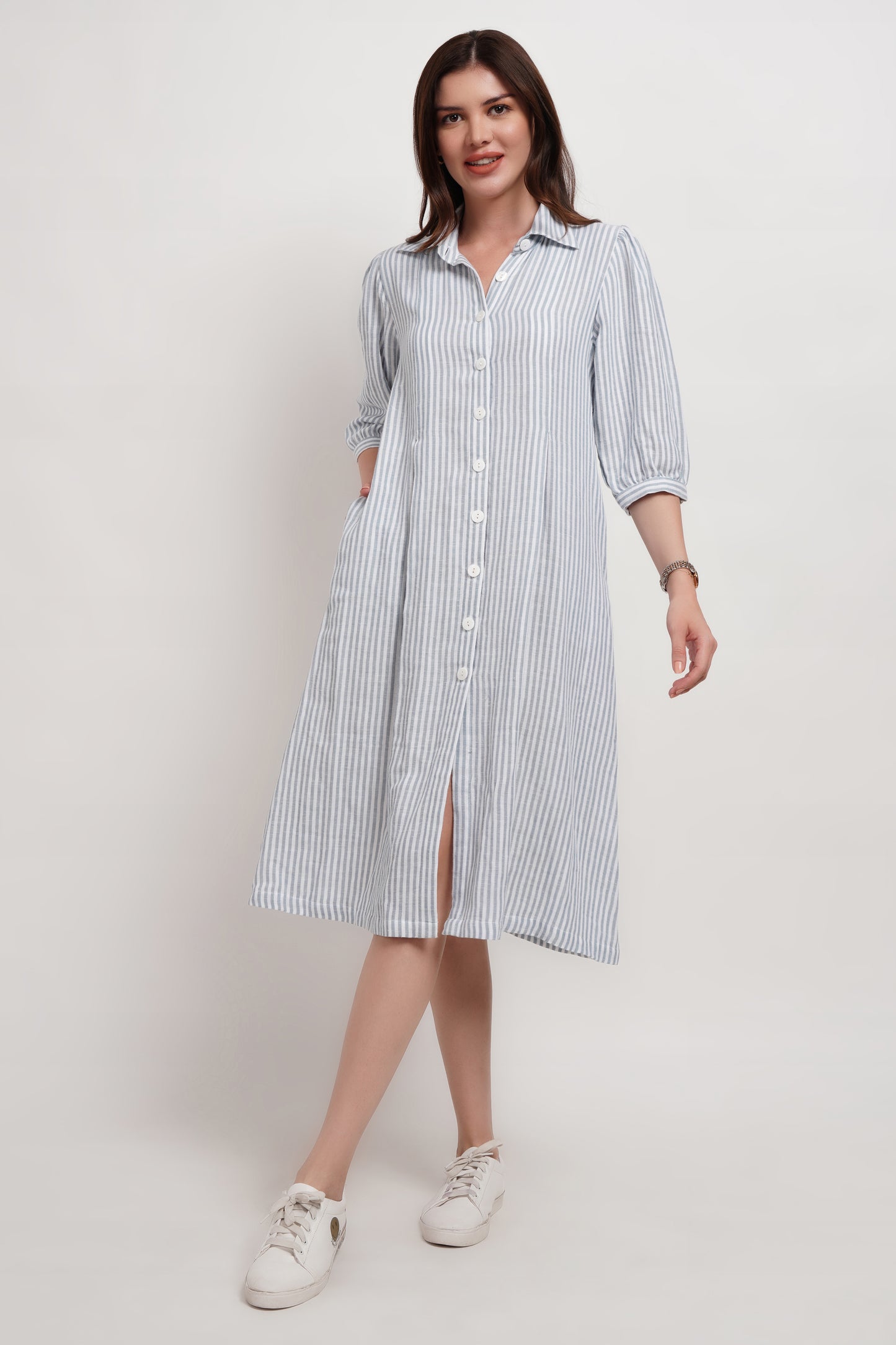 Blue Stripe Linen Blend Double Gauze Dress
