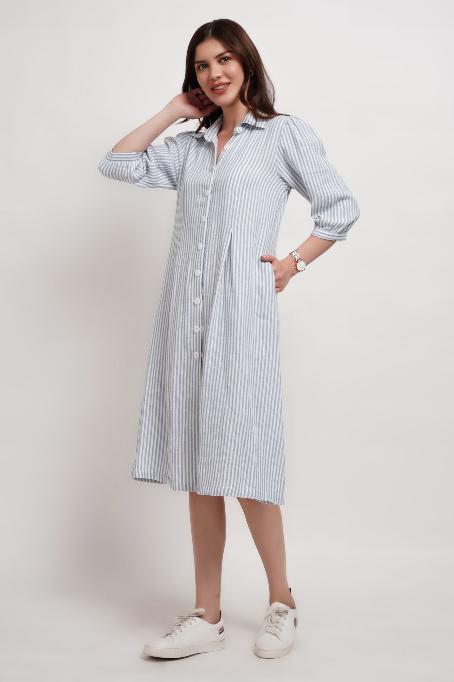 Blue Stripe Linen Blend Double Gauze Dress