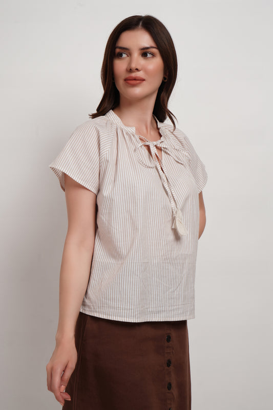 Beige Striped Cotton Top