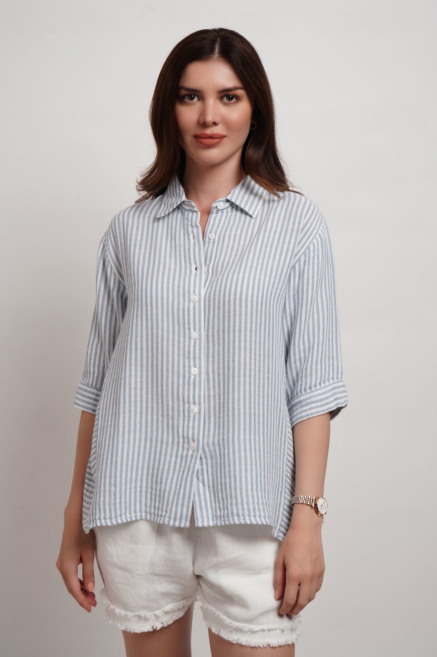 Blue Striped Linen Blend Double Gauze Panelled Shirt
