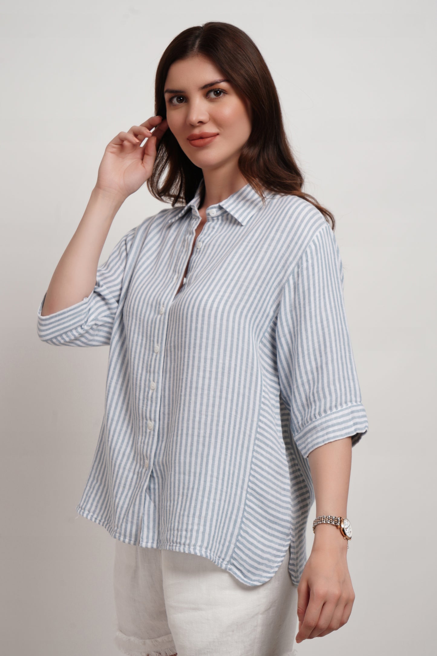 Blue Striped Linen Blend Double Gauze Panelled Shirt
