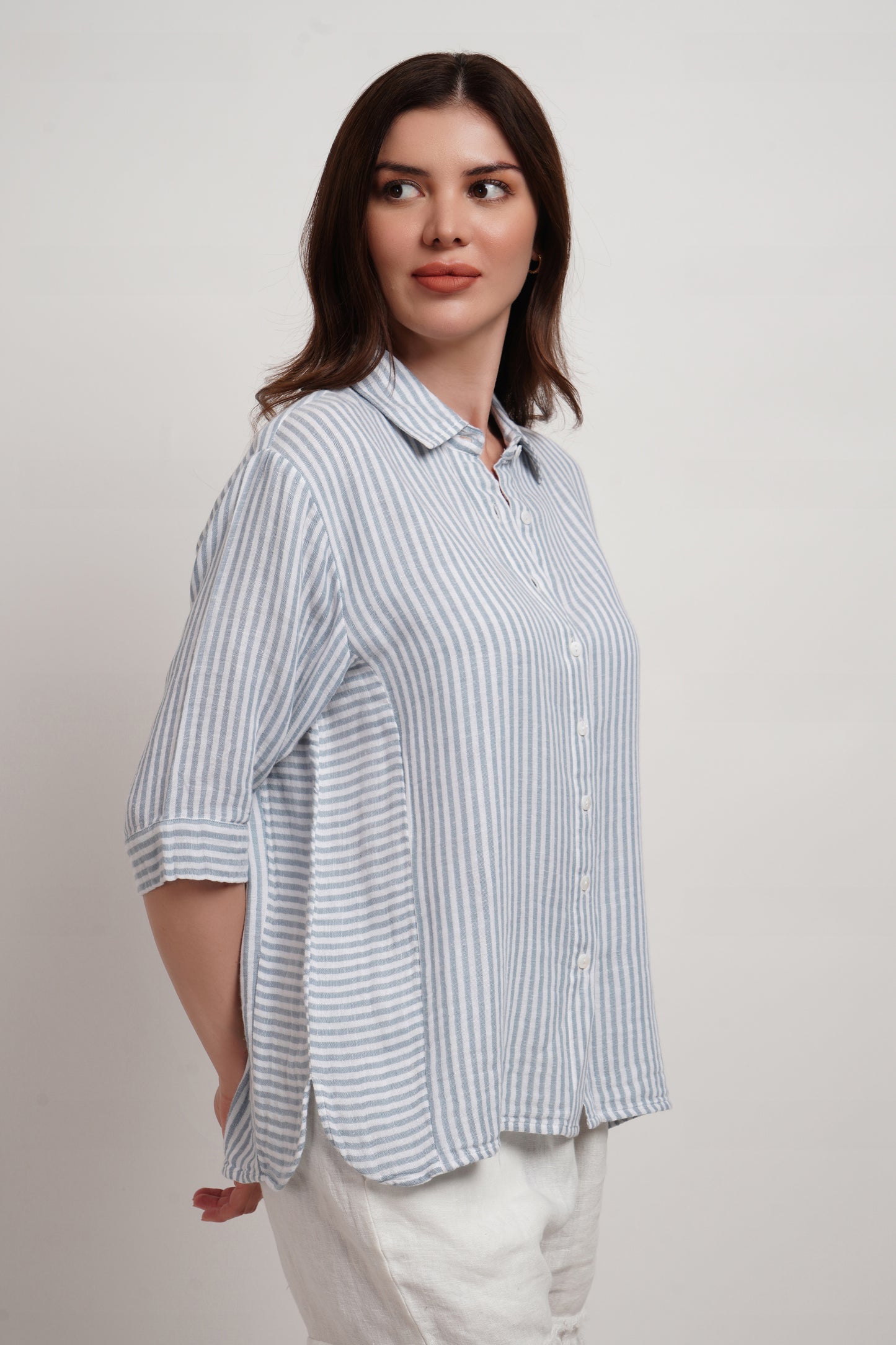 Blue Striped Linen Blend Double Gauze Panelled Shirt