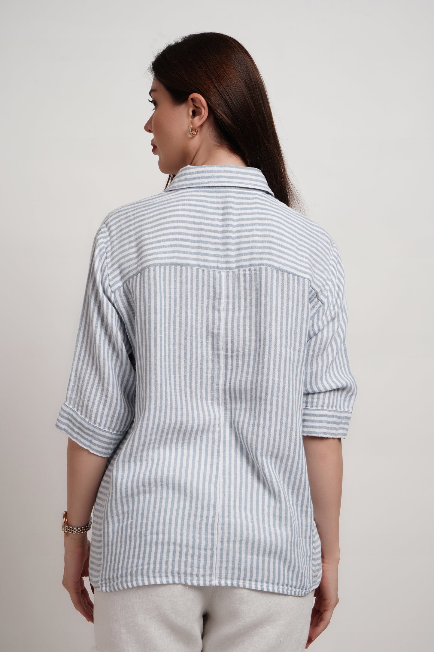 Blue Striped Linen Blend Double Gauze Panelled Shirt