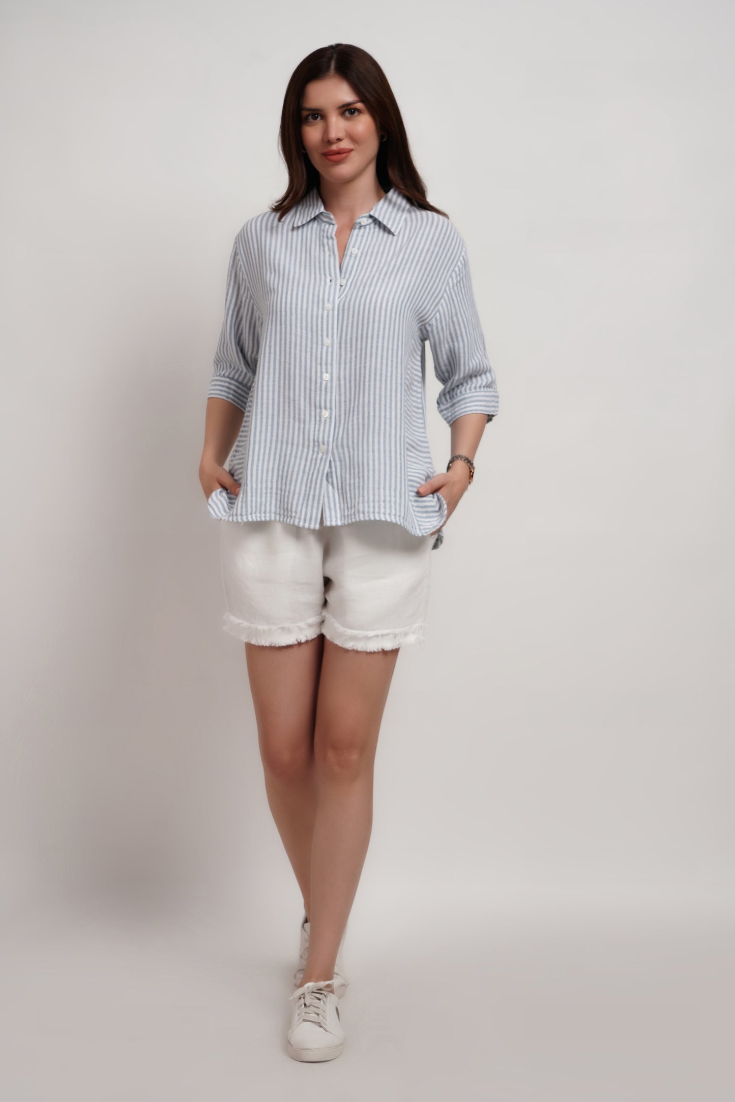 Blue Striped Linen Blend Double Gauze Panelled Shirt