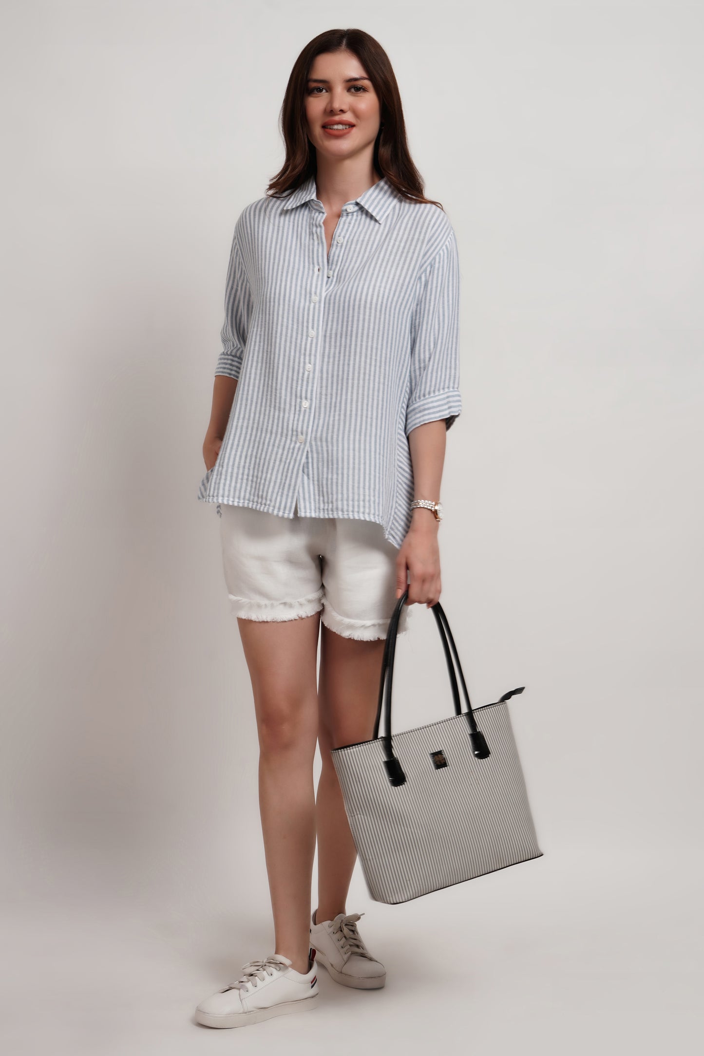 Blue Striped Linen Blend Double Gauze Panelled Shirt