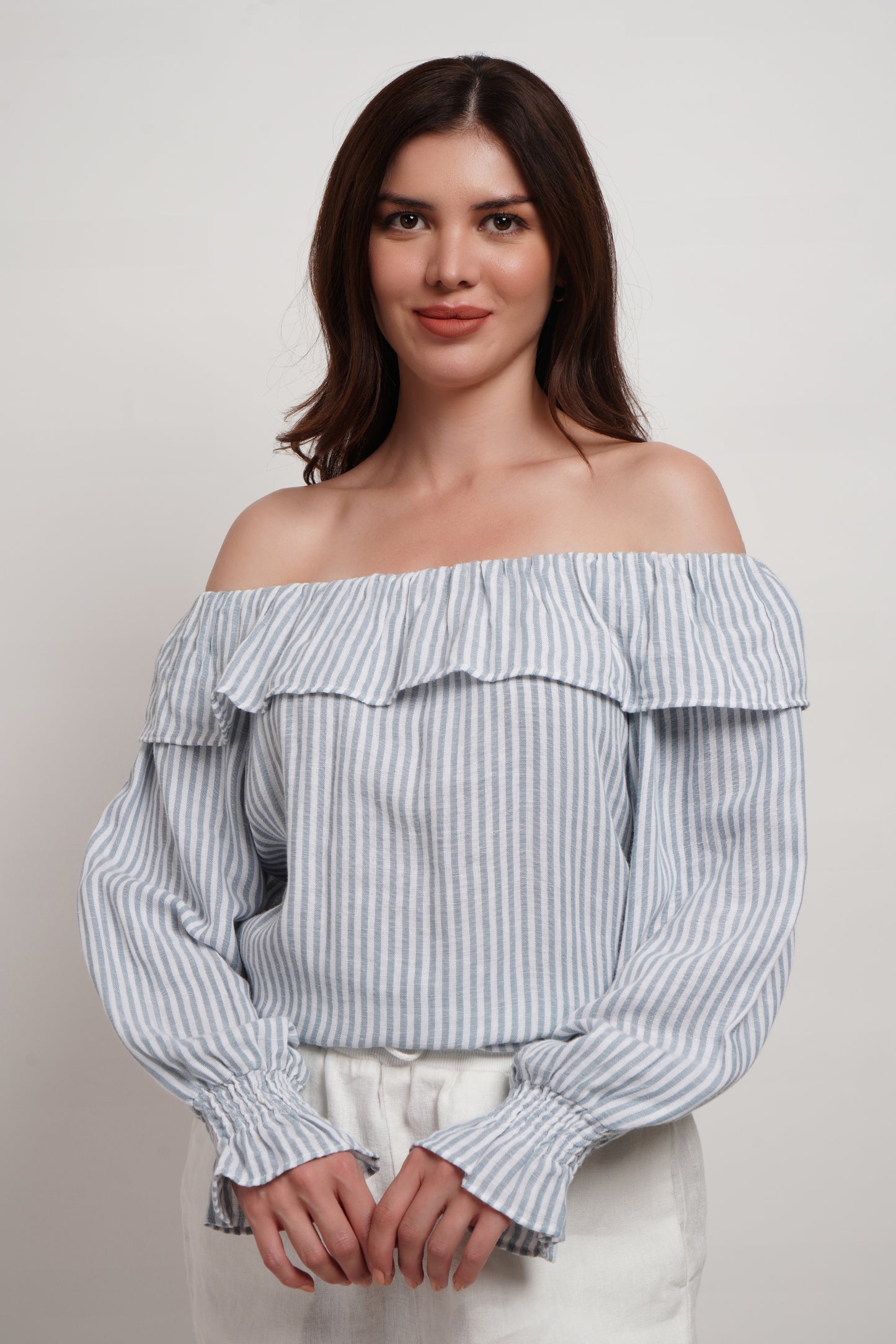 Blue Striped Double Gauze Linen Blend Off Shoulder Top