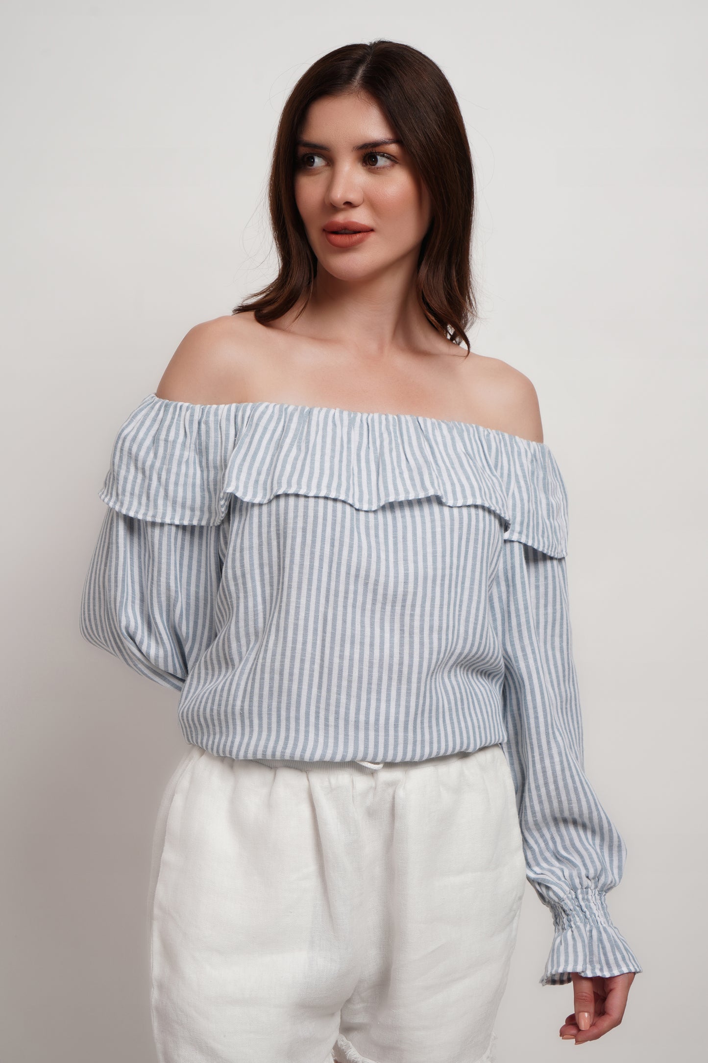 Blue Striped Double Gauze Linen Blend Off Shoulder Top