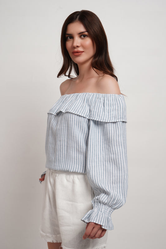 Blue Striped Double Gauze Linen Blend Off Shoulder Top