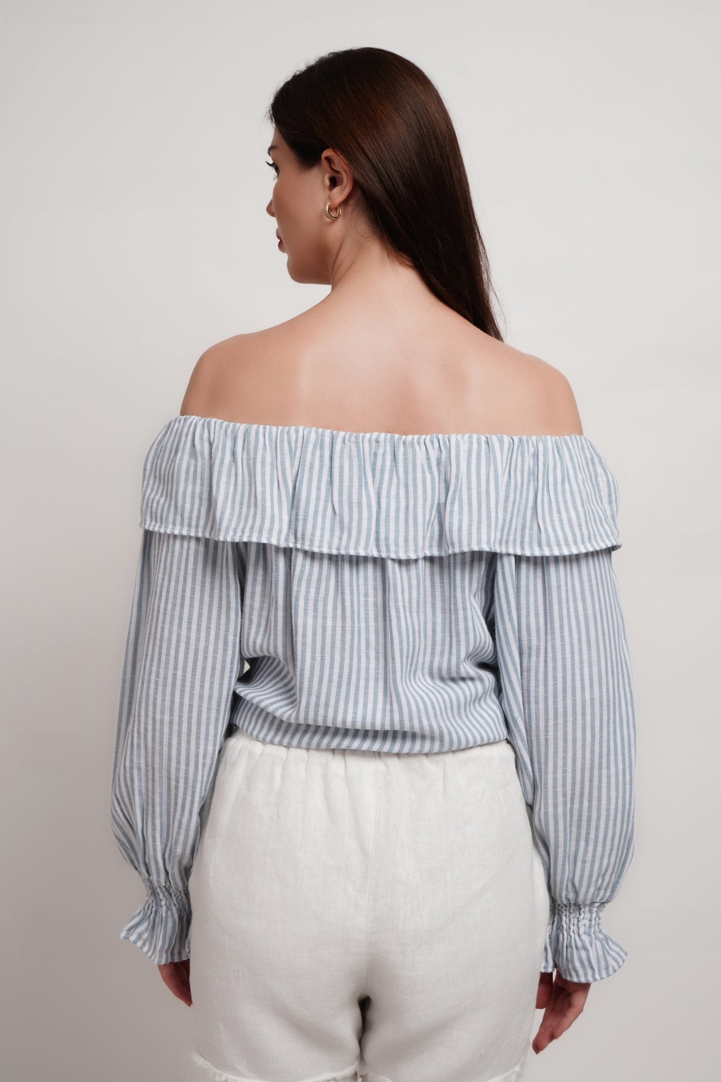 Blue Striped Double Gauze Linen Blend Off Shoulder Top