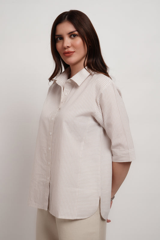 Beige Striped Cotton Panelled Shirt