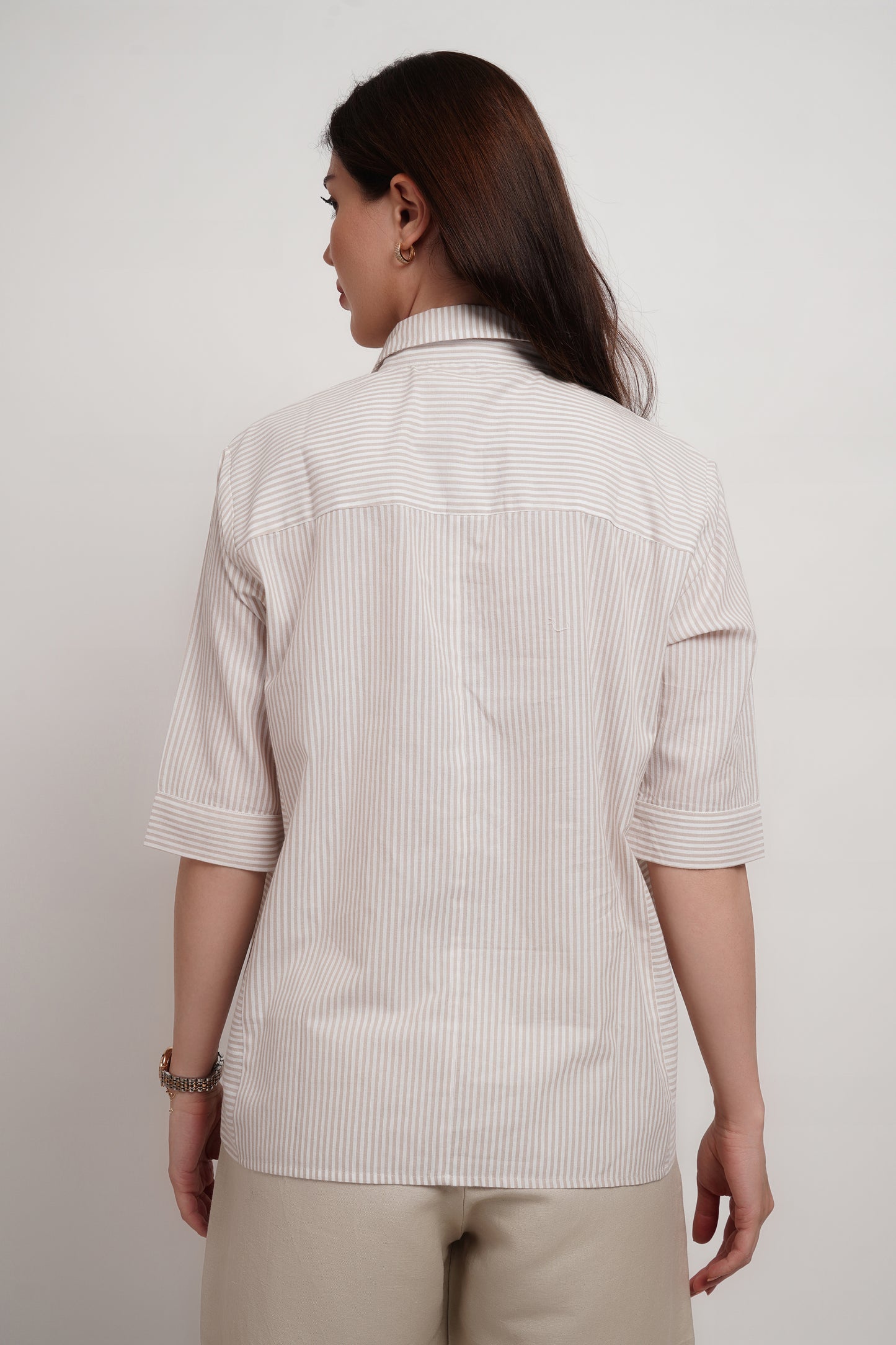 Beige Striped Cotton Panelled Shirt