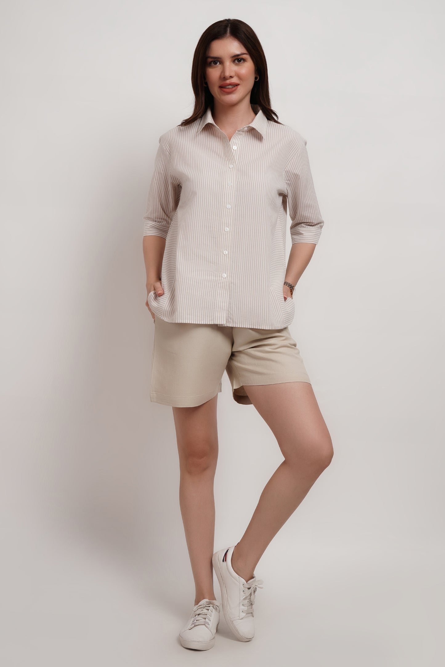 Beige Striped Cotton Panelled Shirt