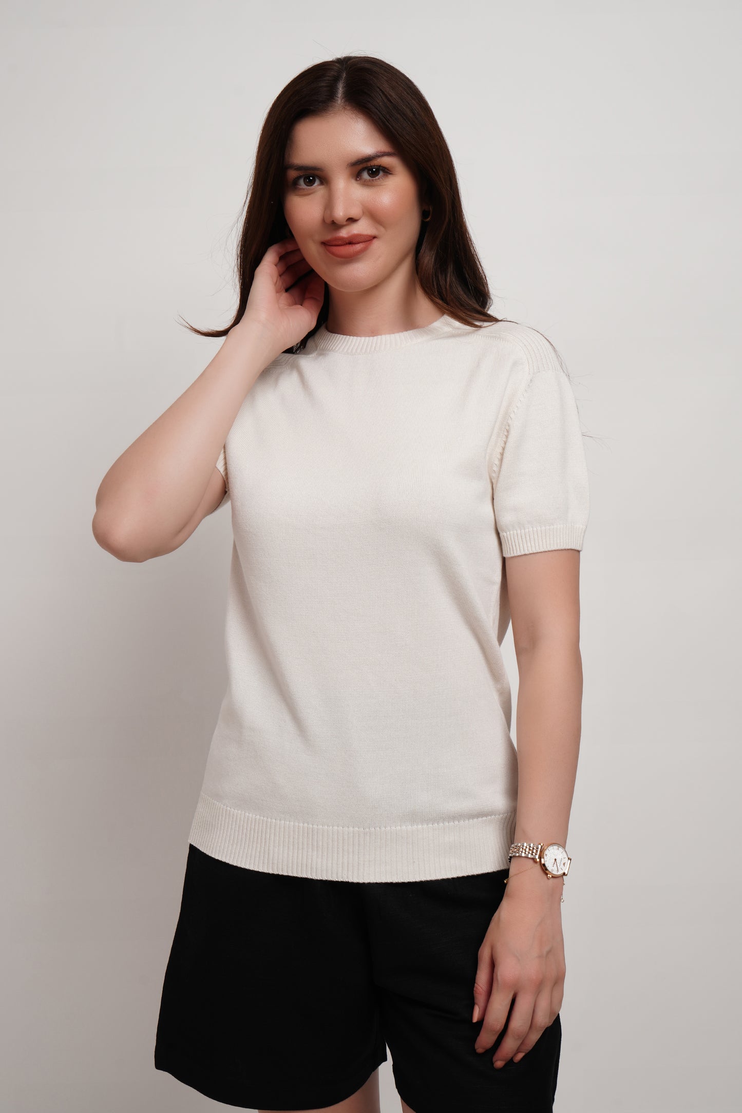 Ivory Bamboo Cotton Crewneck Knitted T-shirt