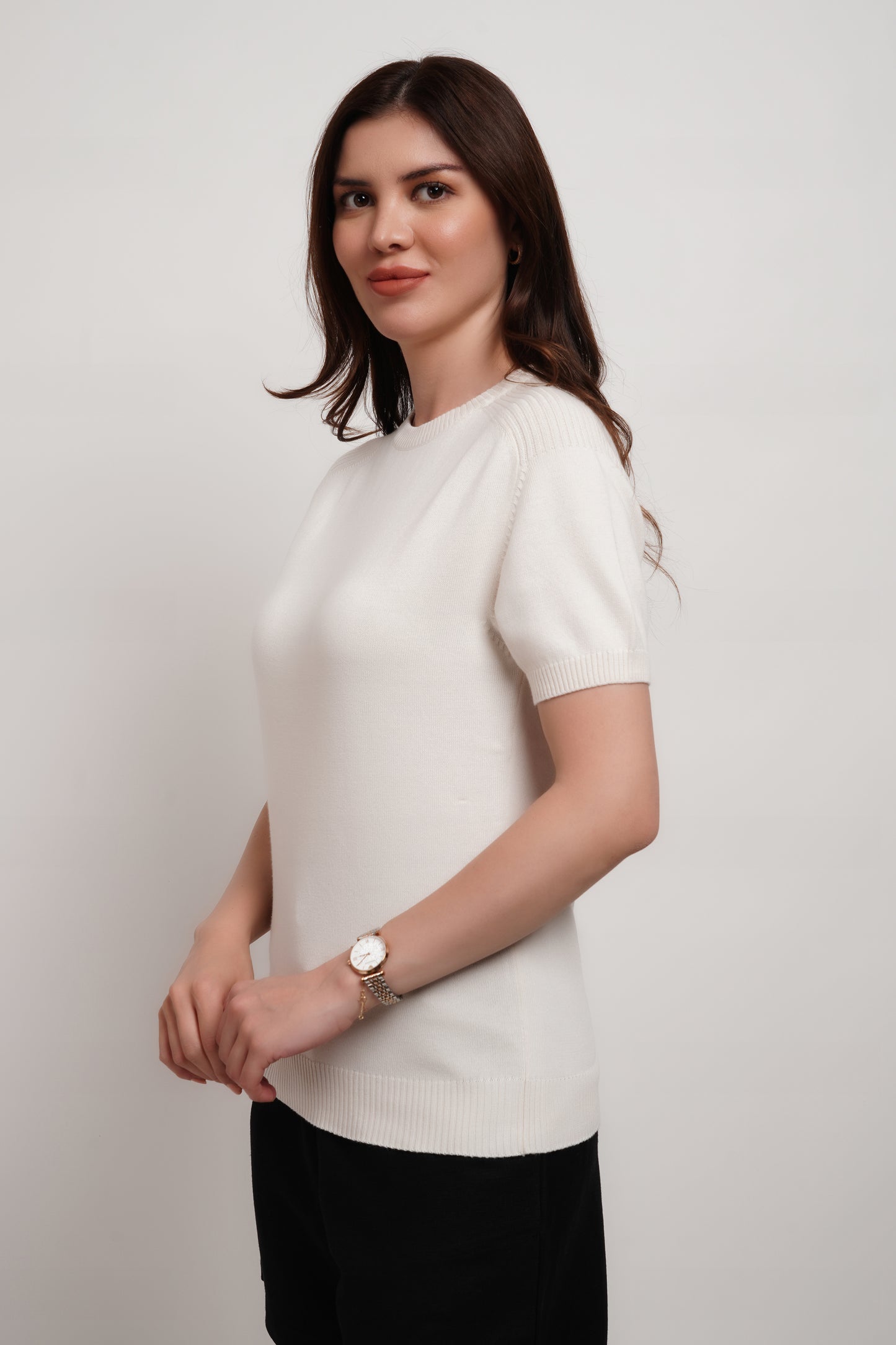 Ivory Bamboo Cotton Crewneck Knitted T-shirt