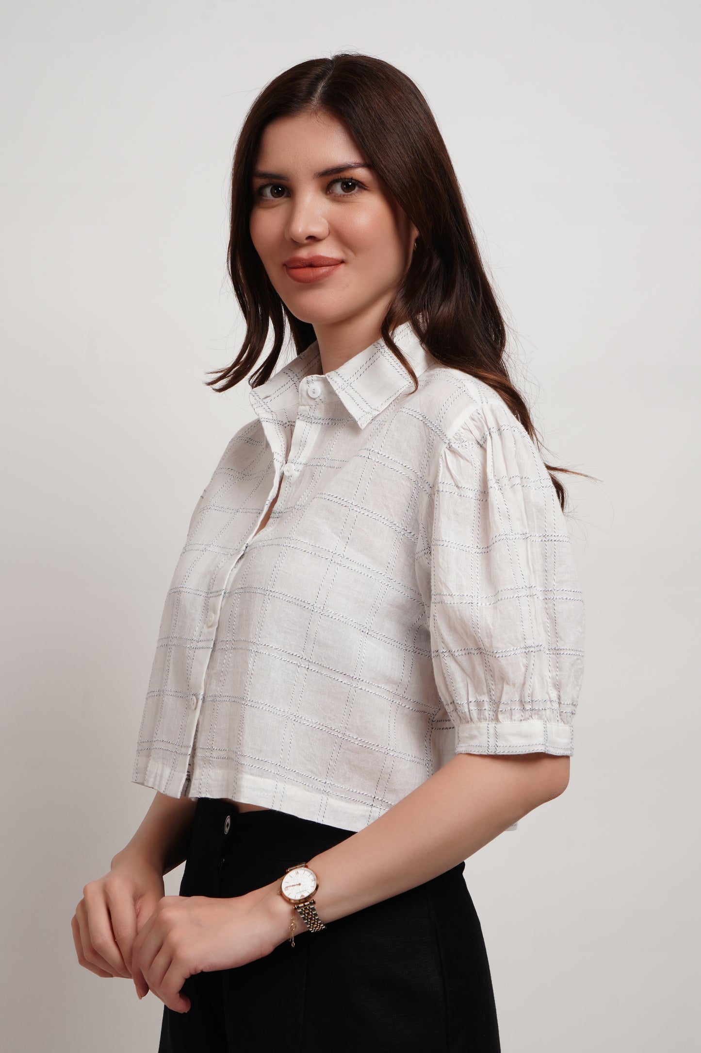 White Dobby Checked Crop Shirt