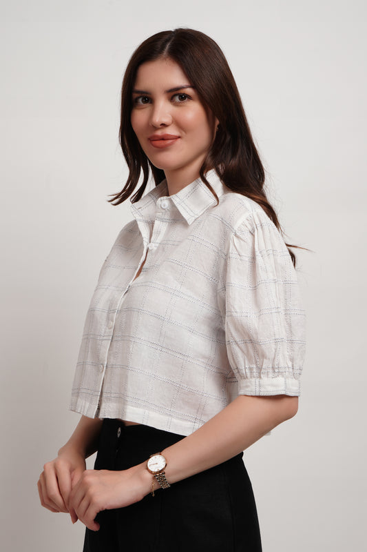 White Dobby Checked Crop Shirt