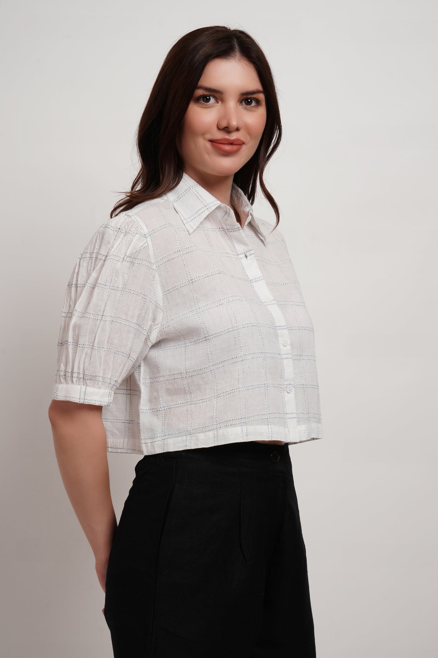 White Dobby Checked Crop Shirt
