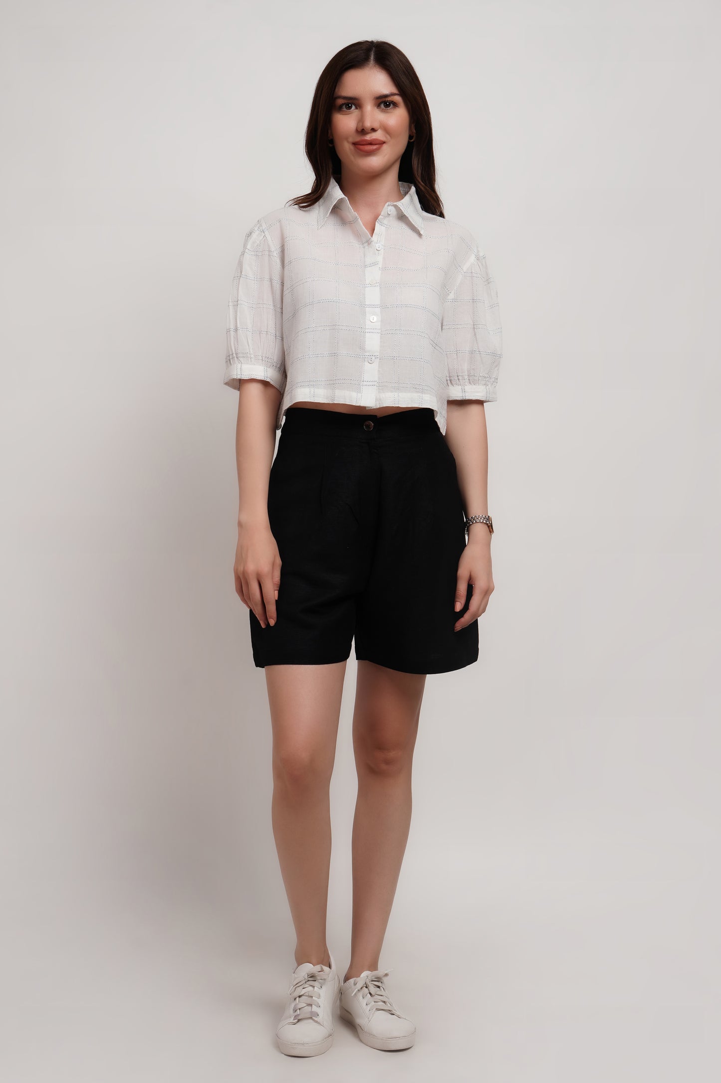 White Dobby Checked Crop Shirt