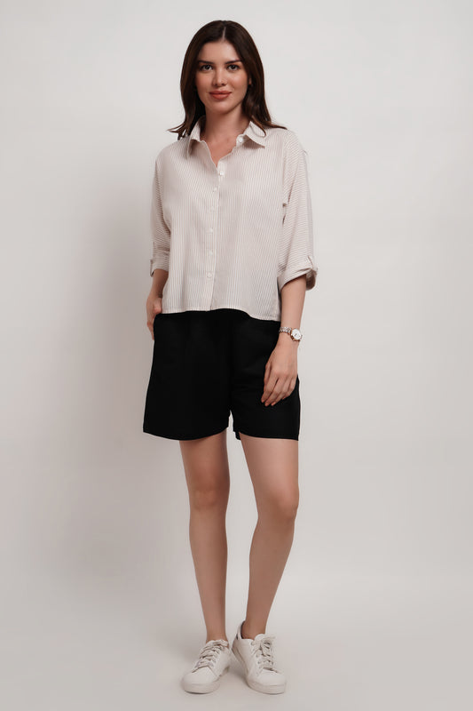 Beige Cotton Kimono Crop Shirt