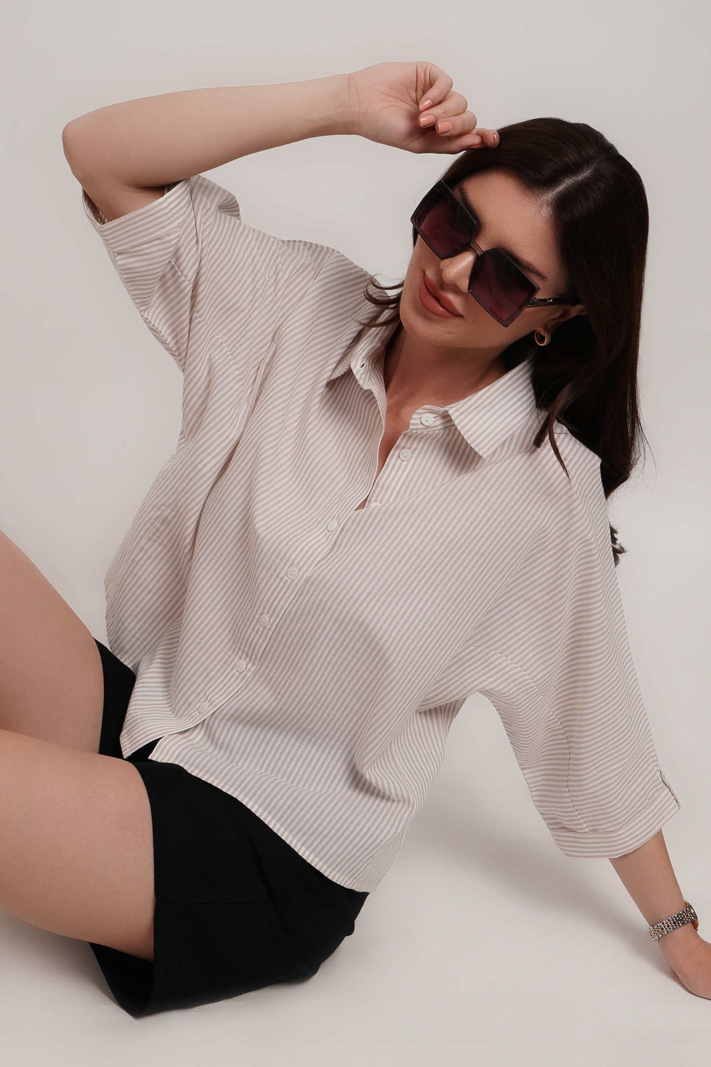 Beige Cotton Kimono Crop Shirt
