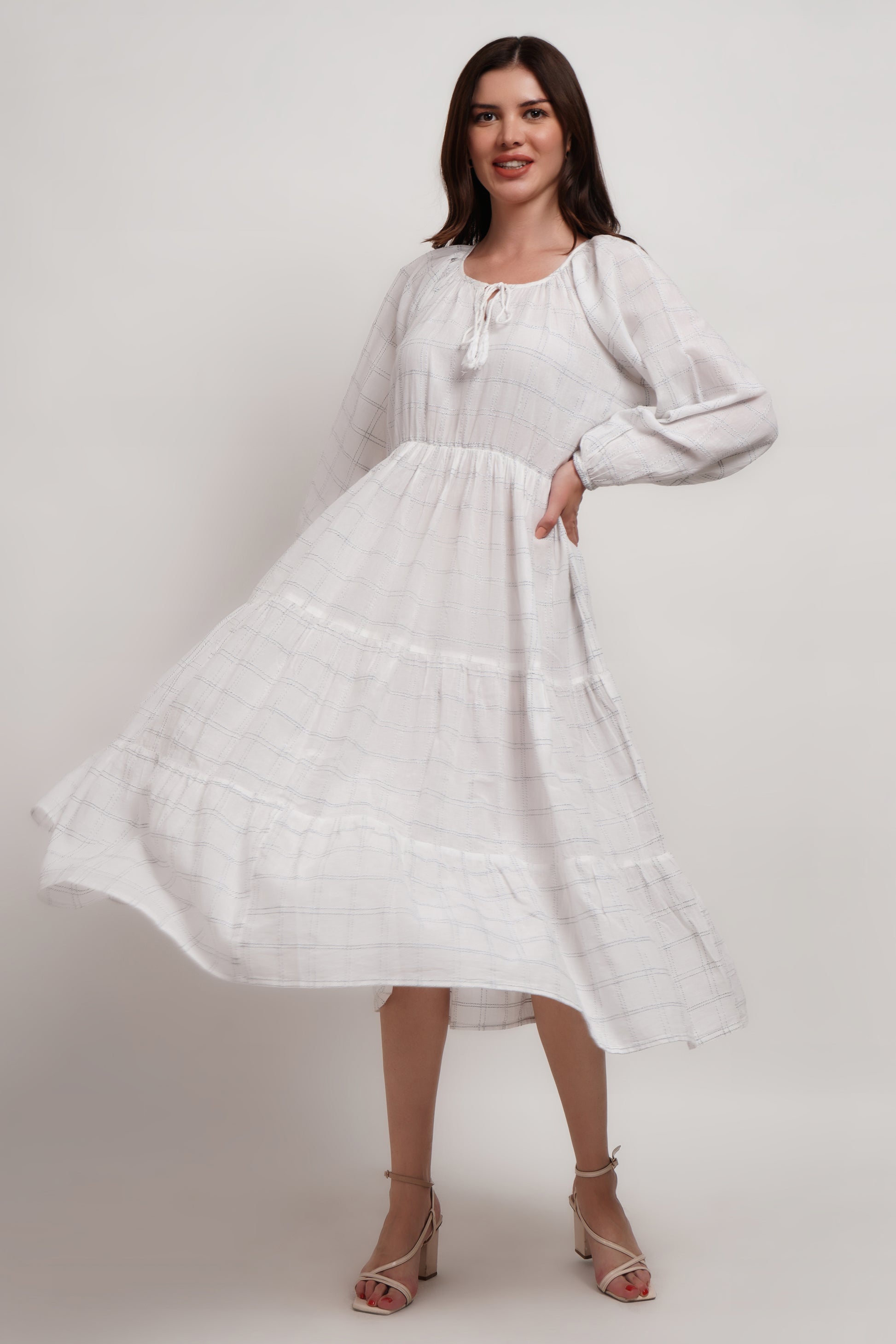 White Dobby Checked Cotton Dress