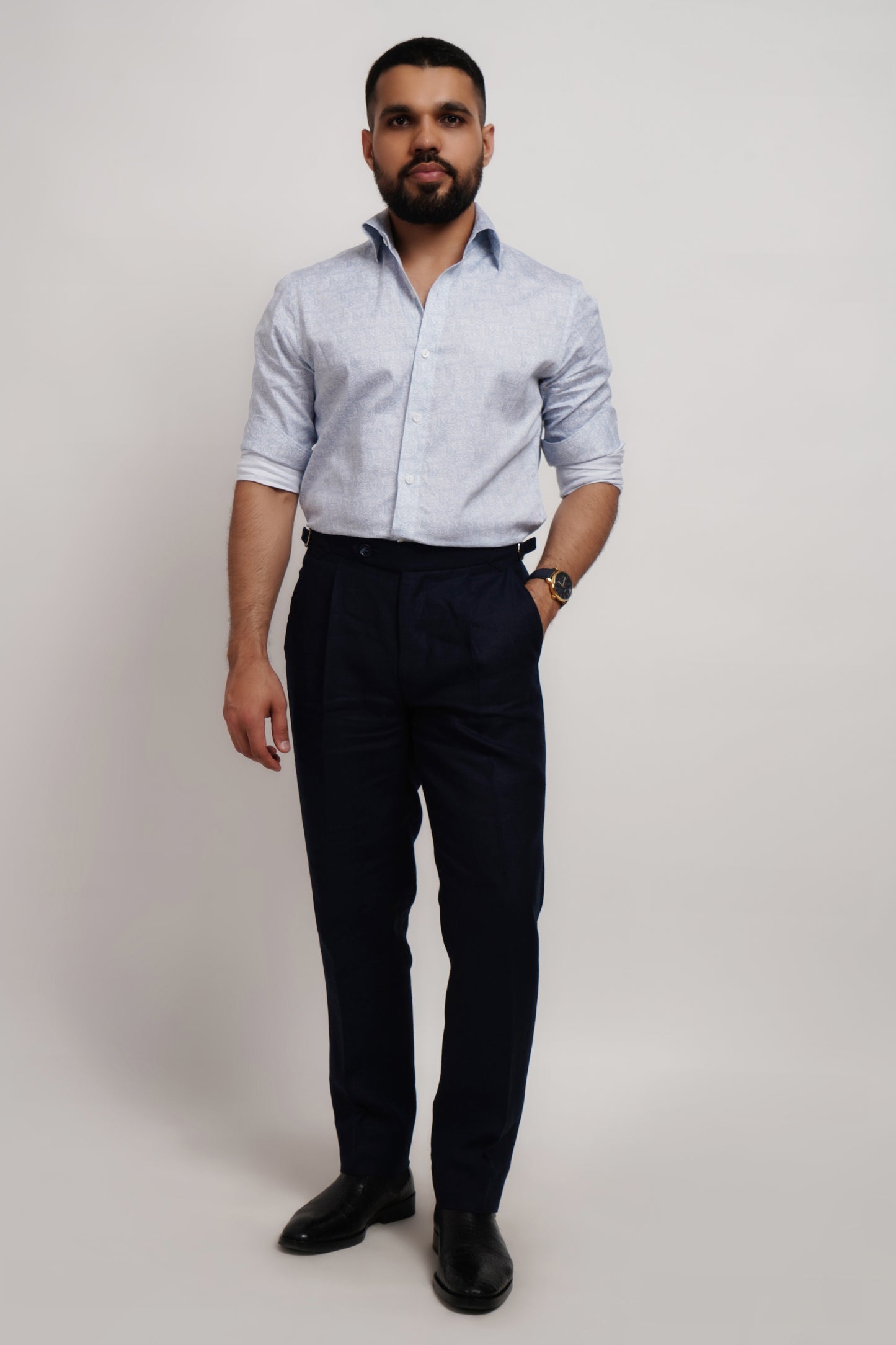 Printed Blue Cotton Saten Shirt