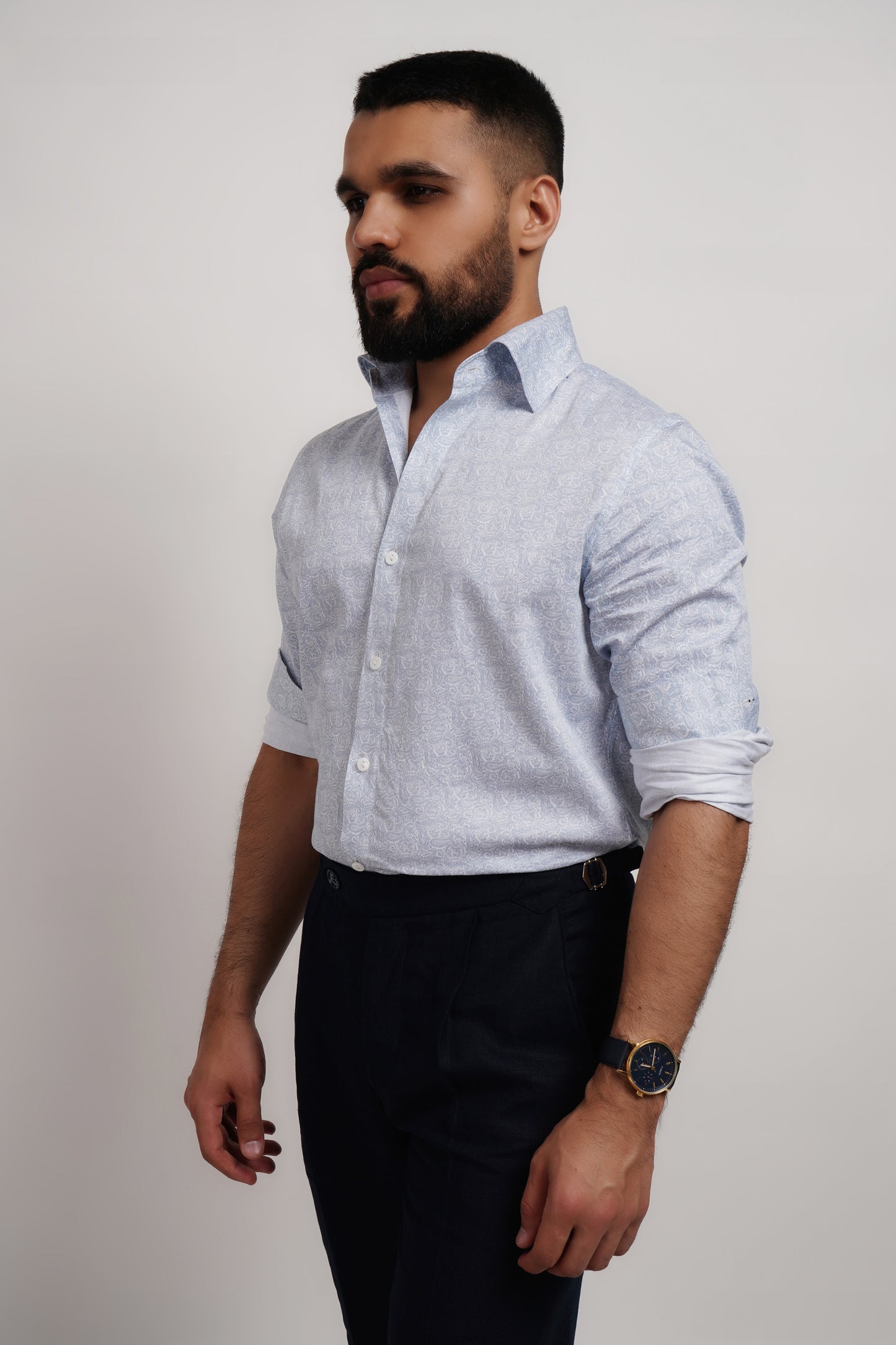 Printed Blue Cotton Saten Shirt