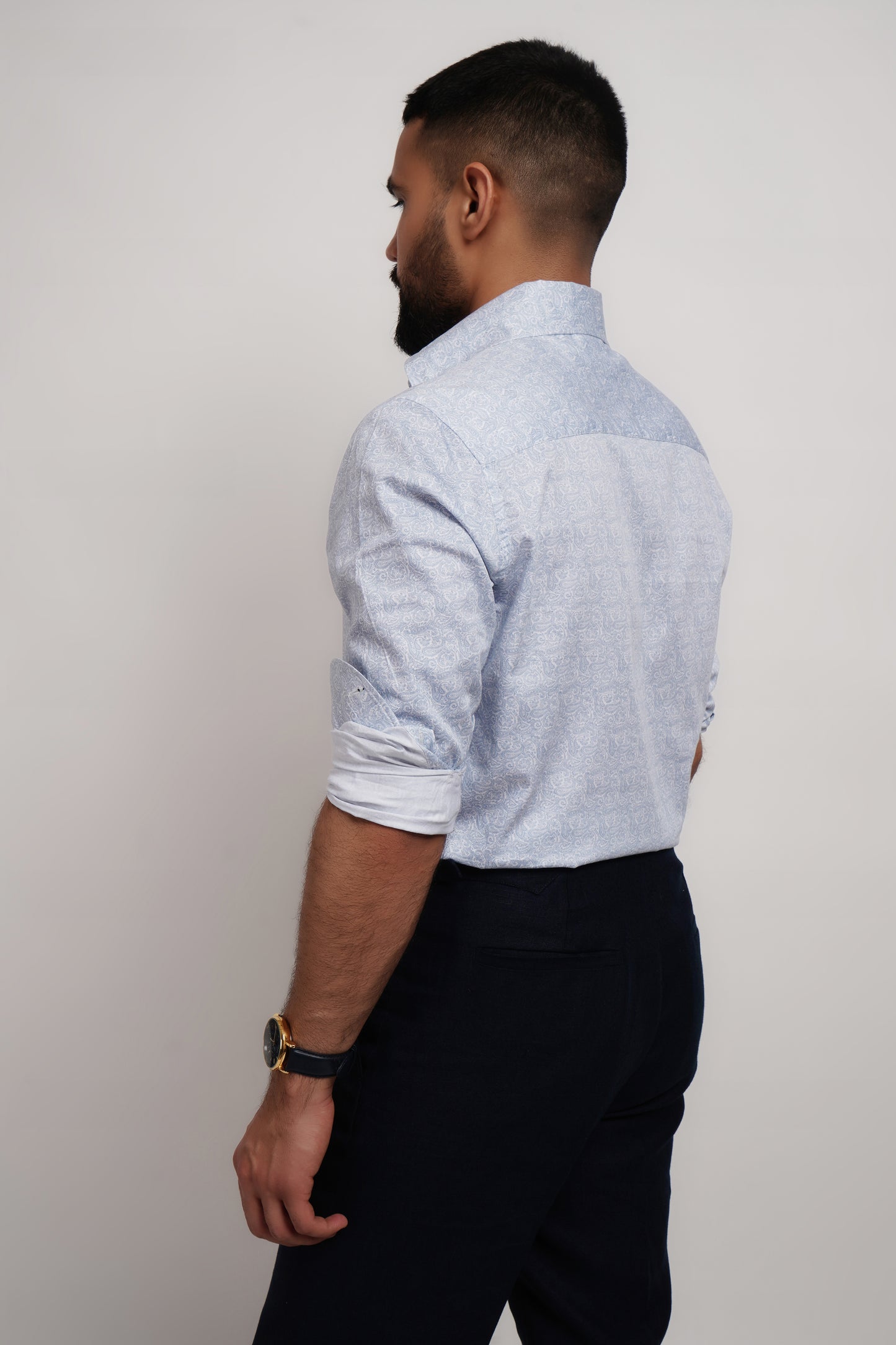 Printed Blue Cotton Saten Shirt